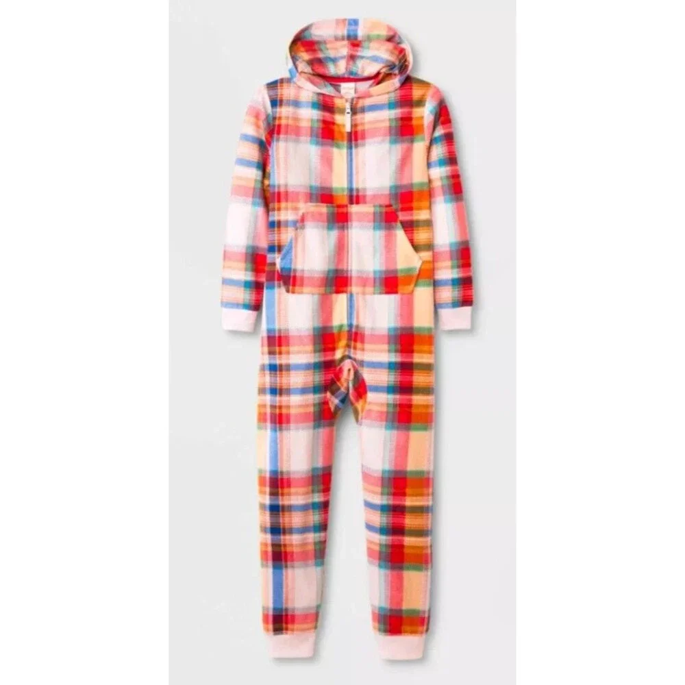 Cat & Jack Girls XL Plaid Union Suit One Piece Hooded Pajama Fleece Pink Red